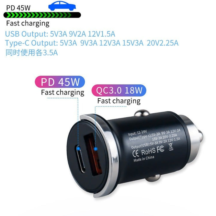 Musta 100W autolaturi, tyylikäs ja kompakti, USB- ja tyyppi-C-liitännät, lataa kaksi laitetta samanaikaisesti.