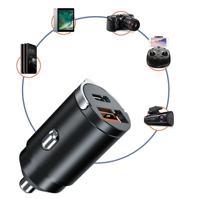 Musta 100W autolaturi, tyylikäs ja kompakti, USB- ja tyyppi-C-liitännät, lataa kaksi laitetta samanaikaisesti.
