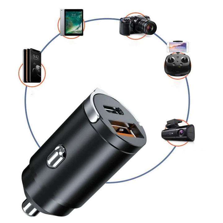 Musta 100W autolaturi, tyylikäs ja kompakti, USB- ja tyyppi-C-liitännät, lataa kaksi laitetta samanaikaisesti.