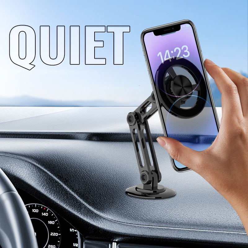 Sort, 360° drejelig mobiltelefonholder til bil, minimalistisk design; nem og sikker telefonbrug under kørsel.