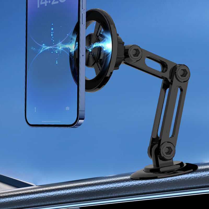 Sort, 360° drejelig mobiltelefonholder til bil, minimalistisk design; nem og sikker telefonbrug under kørsel.