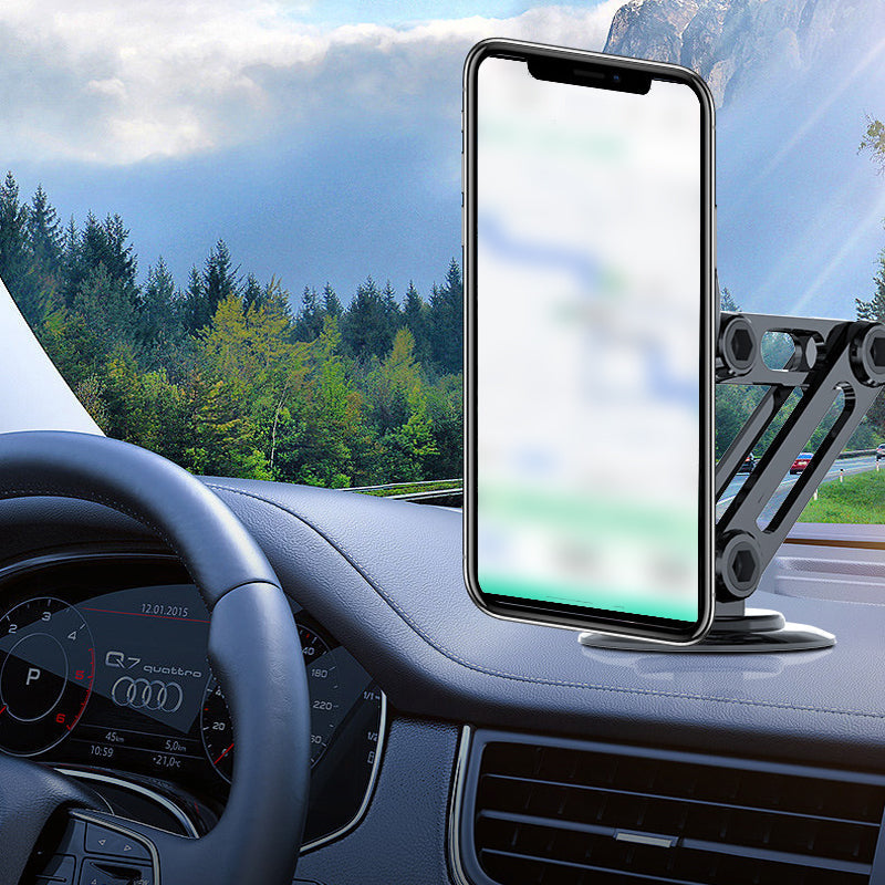 Sort, 360° drejelig mobiltelefonholder til bil, minimalistisk design; nem og sikker telefonbrug under kørsel.