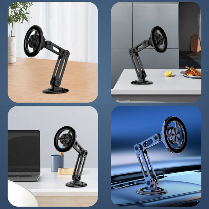 Sort, 360° drejelig mobiltelefonholder til bil, minimalistisk design; nem og sikker telefonbrug under kørsel.
