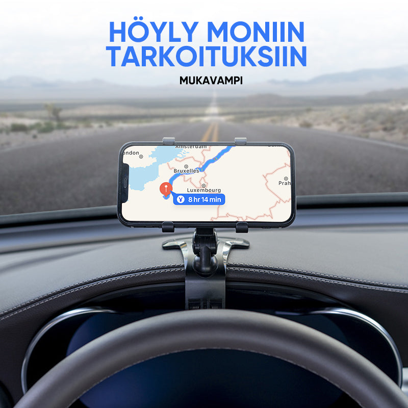 "Musta 360º kojelauta puhelinteline autoon, tyylikäs ja vakaa, helppo kiinnittää, optimaalinen katselukulma."