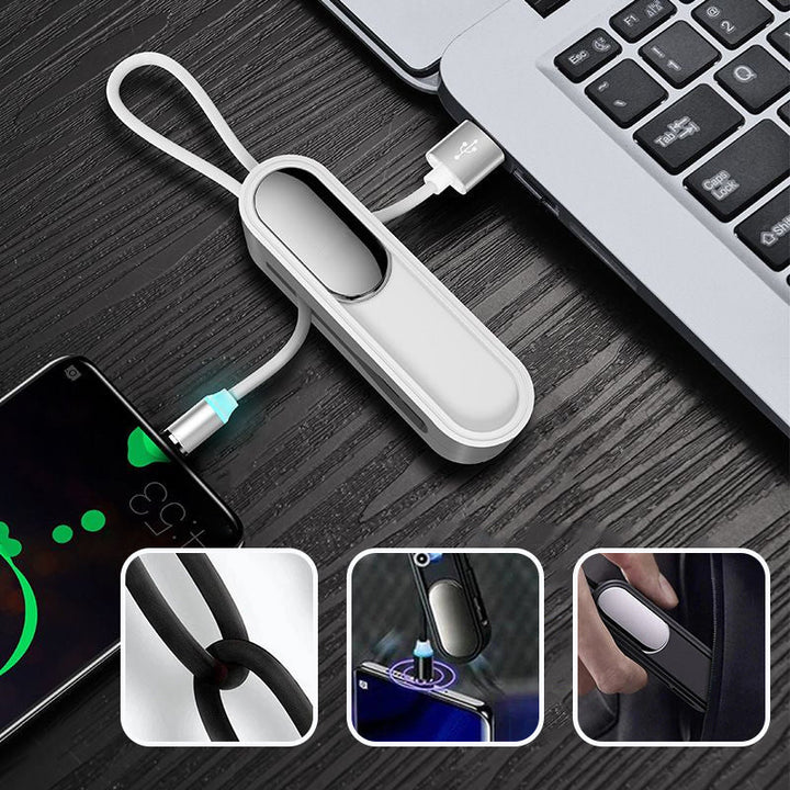 Musta 3-in-1 magneettinen latauskaapeli, kompaktin kokoinen, vaihdettavat liitännät iPhone, Android, Type-C laitteille.