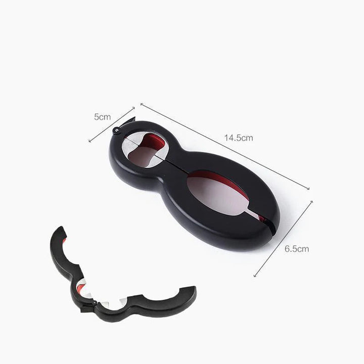 Sort 6-i-1 multifunktionel flaskeåbner, ergonomisk design, skinnende overflade, kompakte anvendelsesmuligheder i køkkenet.