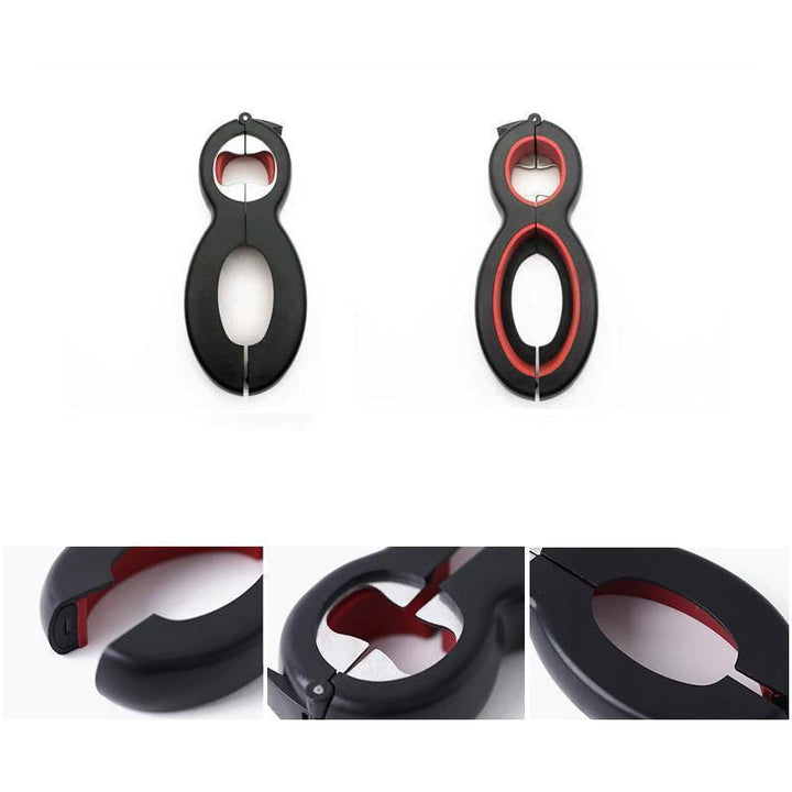 Sort 6-i-1 multifunktionel flaskeåbner, ergonomisk design, skinnende overflade, kompakte anvendelsesmuligheder i køkkenet.