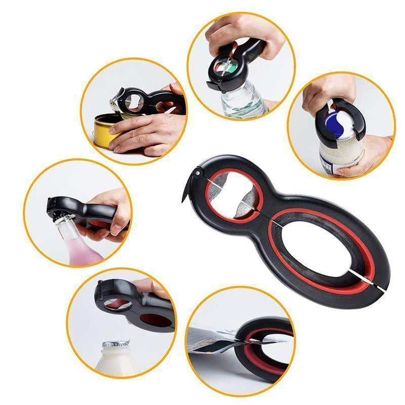 Sort 6-i-1 multifunktionel flaskeåbner, ergonomisk design, skinnende overflade, kompakte anvendelsesmuligheder i køkkenet.