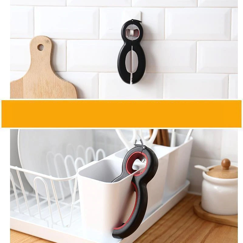 Sort 6-i-1 multifunktionel flaskeåbner, ergonomisk design, skinnende overflade, kompakte anvendelsesmuligheder i køkkenet.
