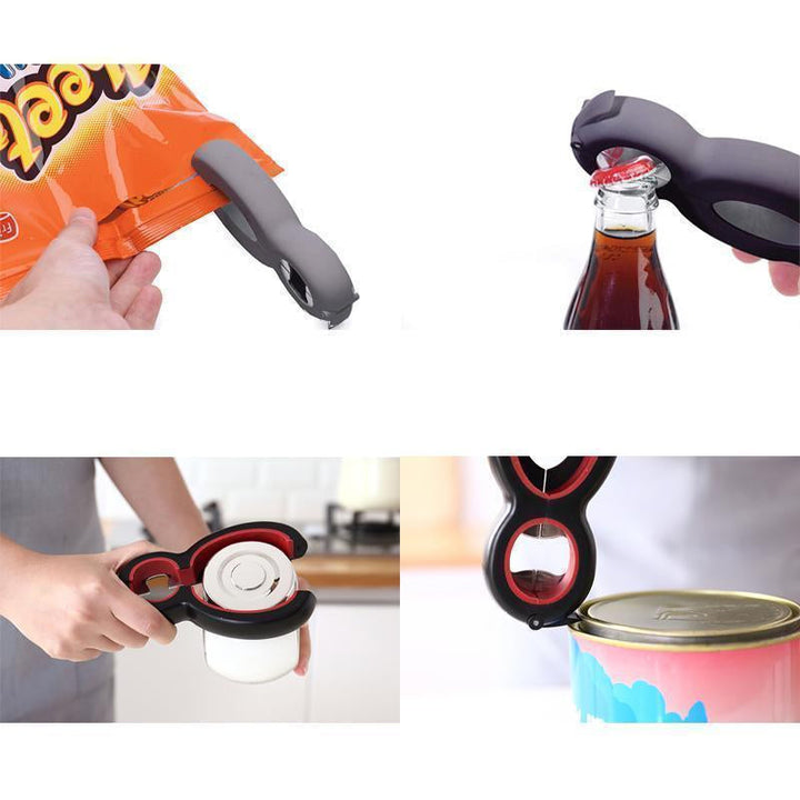 Sort 6-i-1 multifunktionel flaskeåbner, ergonomisk design, skinnende overflade, kompakte anvendelsesmuligheder i køkkenet.