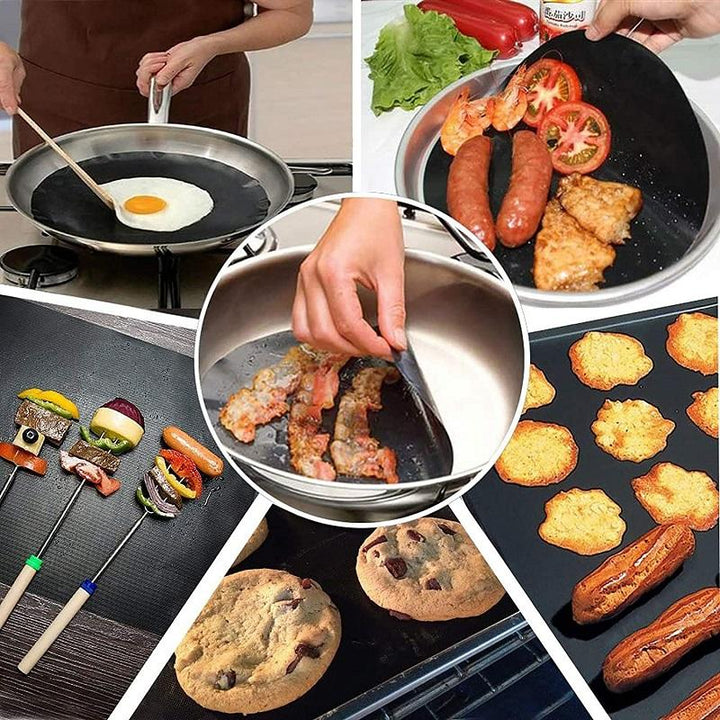 Sort BBQ grillmåtte med skærebræt, forhindrer mad i at falde igennem og brænde fast, genanvendelig og skærbar