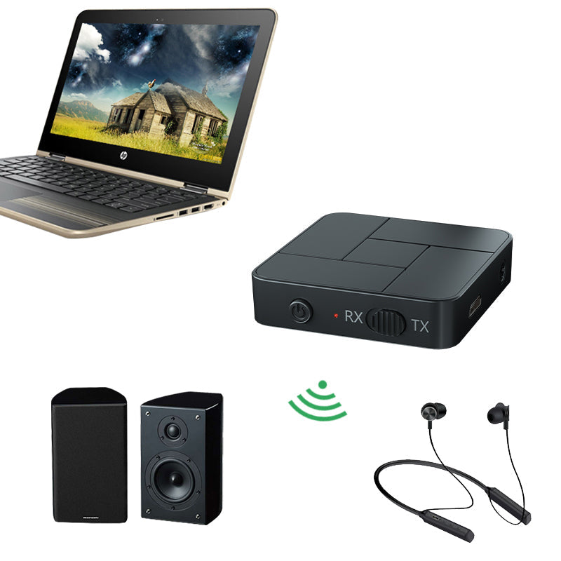 Sort Bluetooth 5.0 lydsender og -modtager, kompakt og elegant design, teknologi og gadgets-produkt.