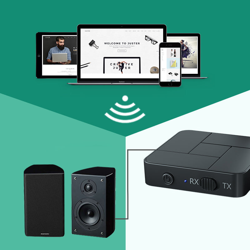 Sort Bluetooth 5.0 lydsender og -modtager, kompakt og elegant design, teknologi og gadgets-produkt.