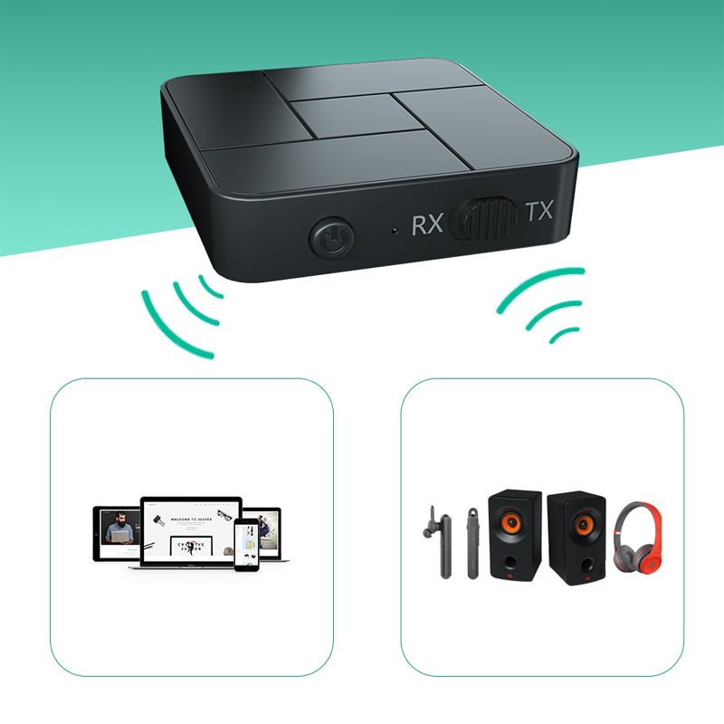 Sort Bluetooth 5.0 lydsender og -modtager, kompakt og elegant design, teknologi og gadgets-produkt.