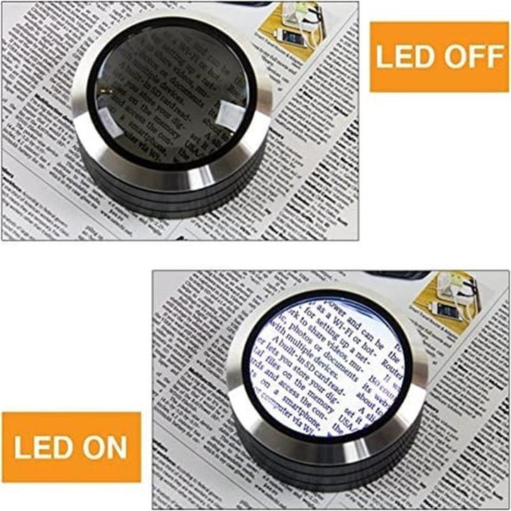 "Musta LED-lukulasin suurennuslasi metallisella kehyksellä, 6x suurennus, kolme LED-valoa, sisältää kuljetuskotelon."