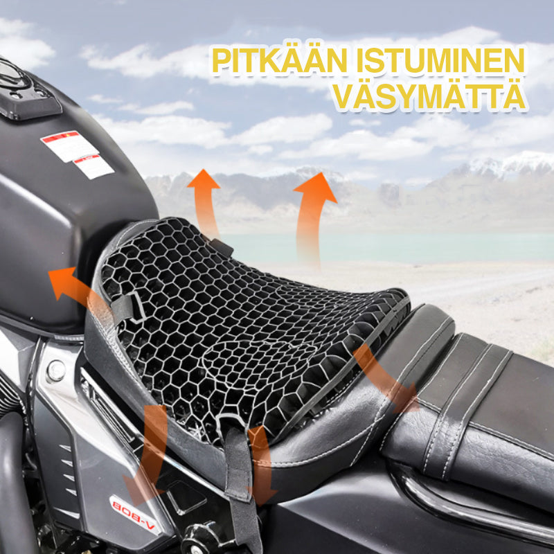 Sort åndbar motorcykel sædepude med bikubedesign, der giver komfort og køling under kørslen.