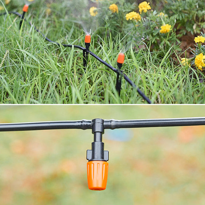 Sort og orange justerbar dryp-sprinkler til haven, præcis vanding, lavet af POM-plast, vandbesparende til haven.