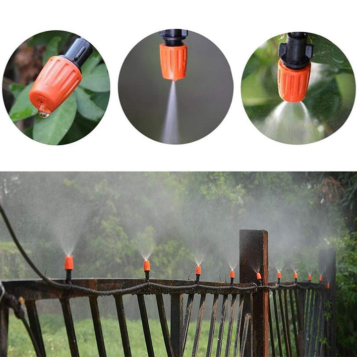 Sort og orange justerbar dryp-sprinkler til haven, præcis vanding, lavet af POM-plast, vandbesparende til haven.