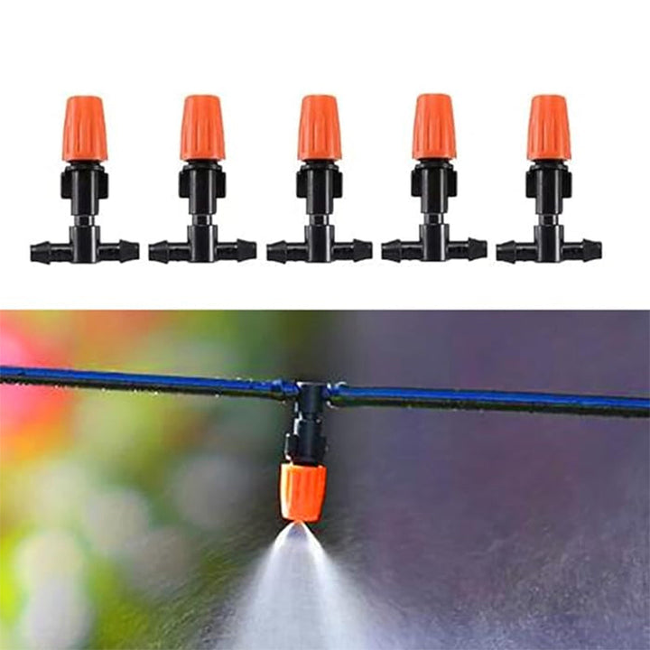 Sort og orange justerbar dryp-sprinkler til haven, præcis vanding, lavet af POM-plast, vandbesparende til haven.