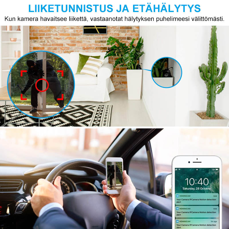 "Musta ja valkoinen 1080p WiFi Mini Kamera, kompakti magneettikiinnitys, laaja 150° kuvakulma"