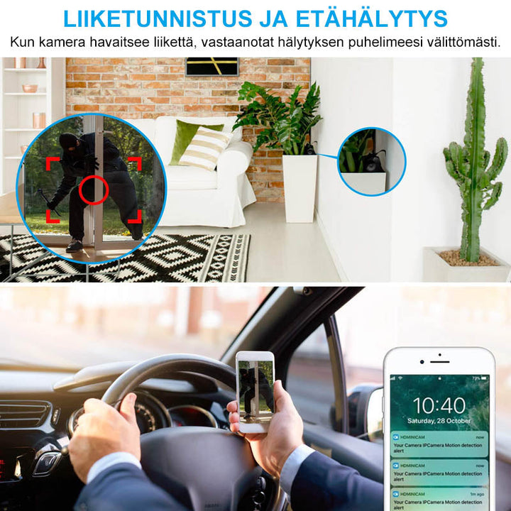 "Musta ja valkoinen 1080p WiFi Mini Kamera, kompakti magneettikiinnitys, laaja 150° kuvakulma"