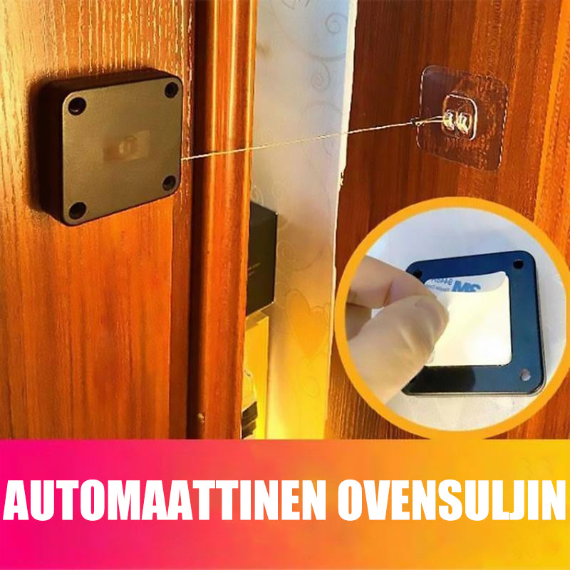Valkoinen ja musta automaattinen ovensuljin, moderni muotoilu, teräsvaijeri, koti- ja liiketiloihin.