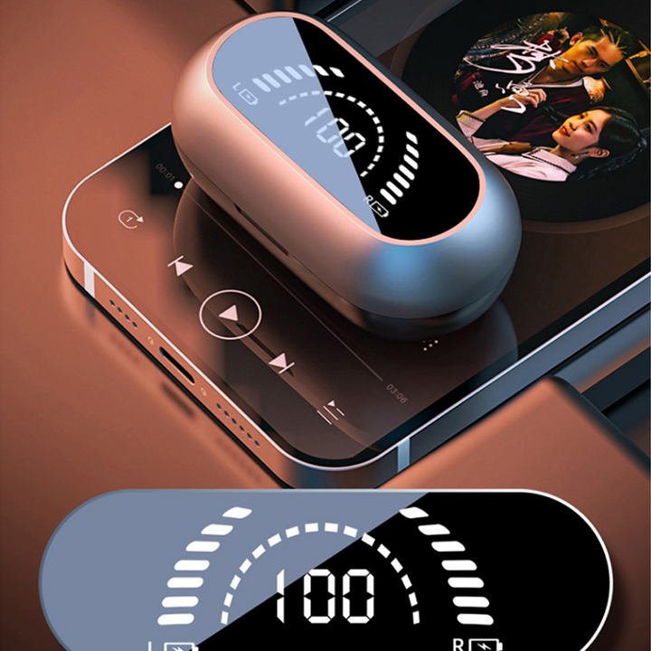 Sorte og hvide trådløse Bluetooth-høretelefoner uden skærm, kompakte, fremragende lydkvalitet, teknologi.