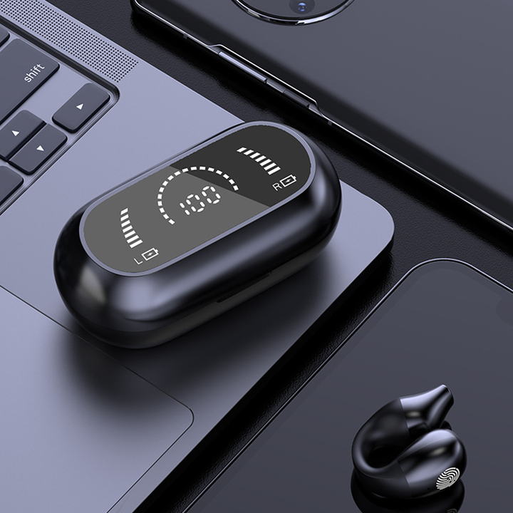 Sorte og hvide trådløse Bluetooth-høretelefoner uden skærm, kompakte, fremragende lydkvalitet, teknologi.