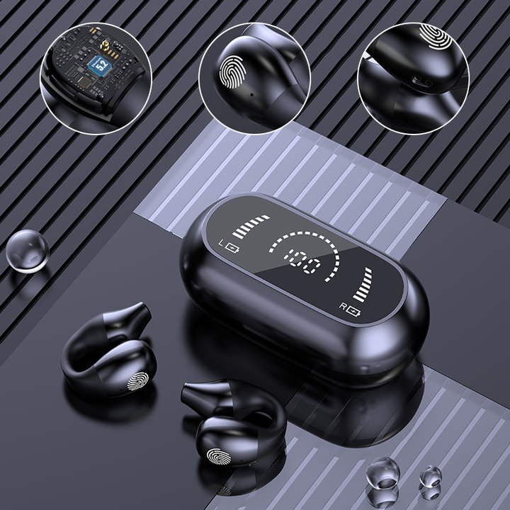 Sorte og hvide trådløse Bluetooth-høretelefoner uden skærm, kompakte, fremragende lydkvalitet, teknologi.