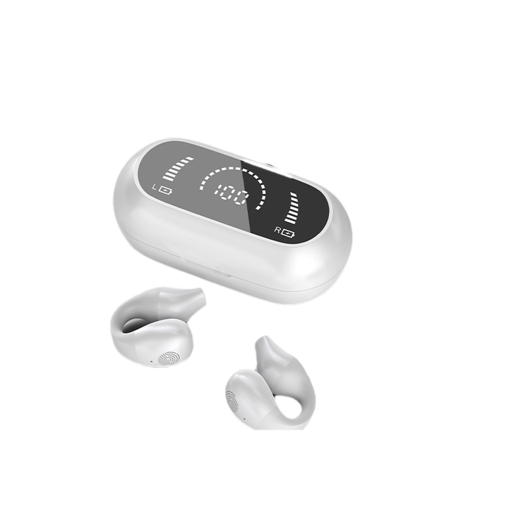 Sorte og hvide trådløse Bluetooth-høretelefoner uden skærm, kompakte, fremragende lydkvalitet, teknologi.