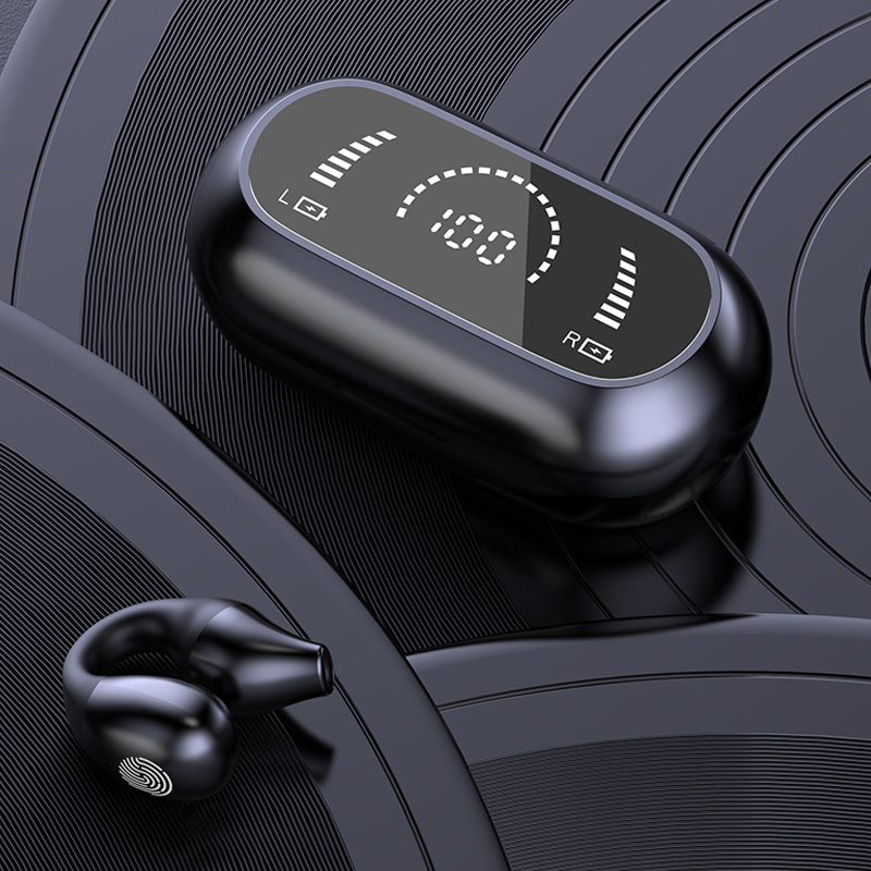 Sorte og hvide trådløse Bluetooth-høretelefoner uden skærm, kompakte, fremragende lydkvalitet, teknologi.