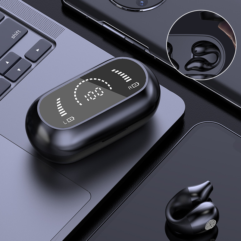 Sorte og hvide trådløse Bluetooth-høretelefoner uden skærm, kompakte, fremragende lydkvalitet, teknologi.