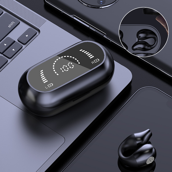 Sorte og hvide trådløse Bluetooth-høretelefoner uden skærm, kompakte, fremragende lydkvalitet, teknologi.