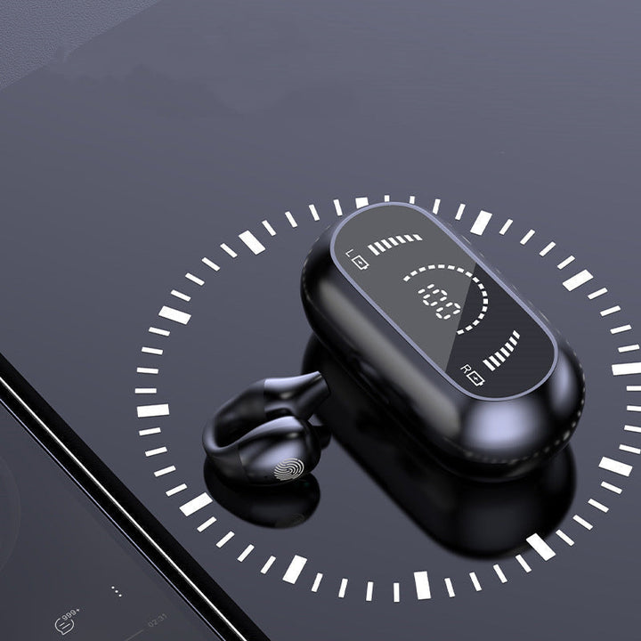 Sorte og hvide trådløse Bluetooth-høretelefoner uden skærm, kompakte, fremragende lydkvalitet, teknologi.