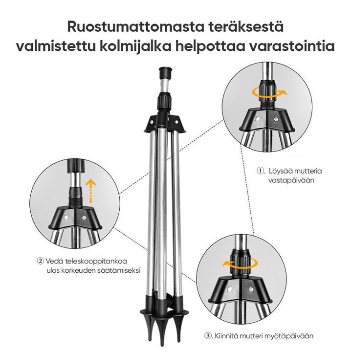 "Musta kolmijalkainen pyörivä sadetin pihalle, ruostumaton teräs ja ABS-rakenne, tyylikäs ja kestävä ulkokäyttöön."