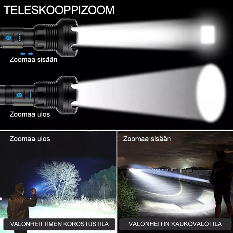 Sort kraftig genopladelig LED-lommelygte, 90000 lumen, med aluminiumskabinet, USB-opladningsport, udendørs brug