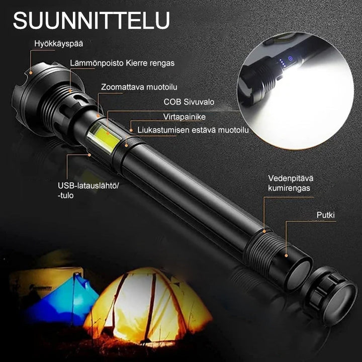 Sort kraftig genopladelig LED-lommelygte, 90000 lumen, med aluminiumskabinet, USB-opladningsport, udendørs brug