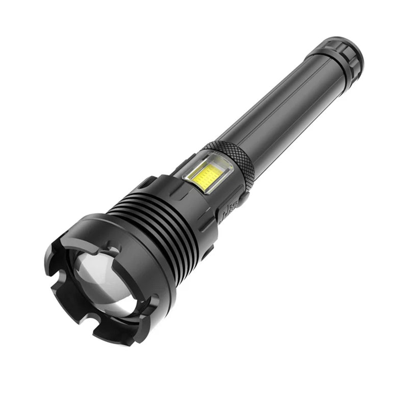 Sort kraftig genopladelig LED-lommelygte, 90000 lumen, med aluminiumskabinet, USB-opladningsport, udendørs brug