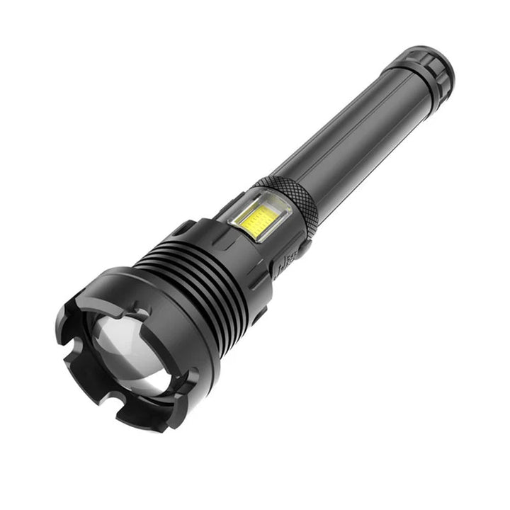 Sort kraftig genopladelig LED-lommelygte, 90000 lumen, med aluminiumskabinet, USB-opladningsport, udendørs brug