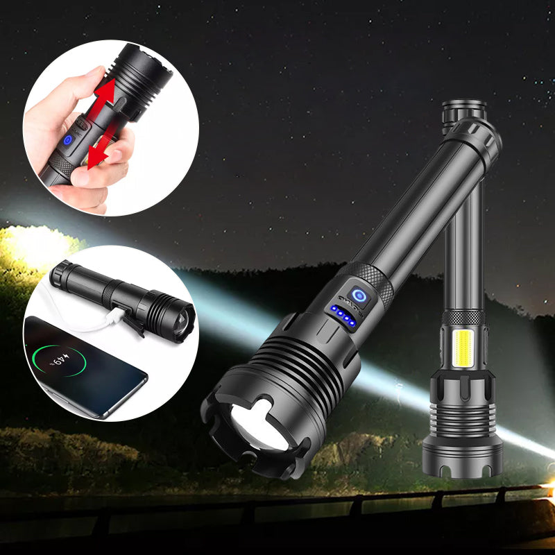 Sort kraftig genopladelig LED-lommelygte, 90000 lumen, med aluminiumskabinet, USB-opladningsport, udendørs brug