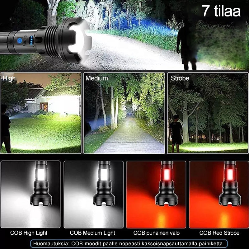 Sort kraftig genopladelig LED-lommelygte, 90000 lumen, med aluminiumskabinet, USB-opladningsport, udendørs brug