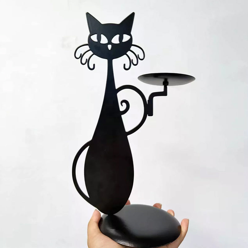 Håndlavet sort kat lysestage i jern, dekorativt formet og til små lys, under 6 cm i diameter