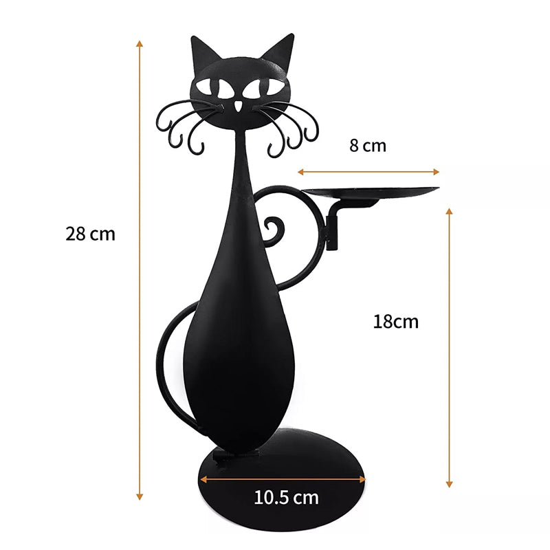 Håndlavet sort kat lysestage i jern, dekorativt formet og til små lys, under 6 cm i diameter
