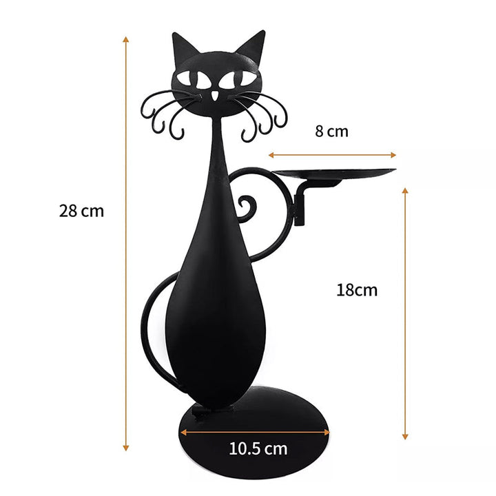 Håndlavet sort kat lysestage i jern, dekorativt formet og til små lys, under 6 cm i diameter