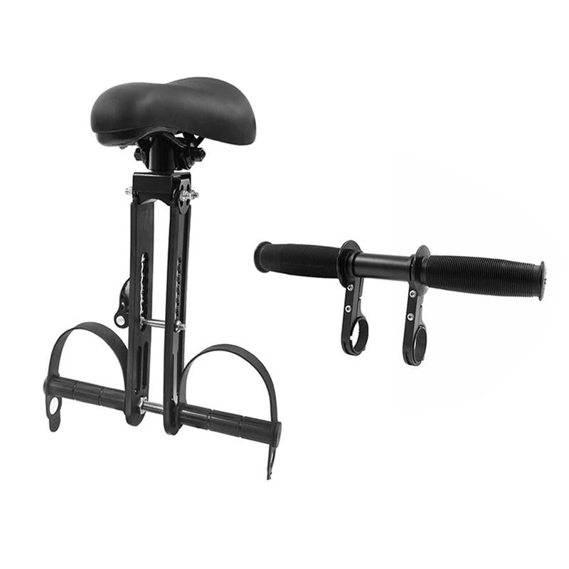 Sort børnecykelsæde med sikkerhedsbøjle, nem at montere, velegnet til børn over 2 år, lavet af robust aluminiumslegering.