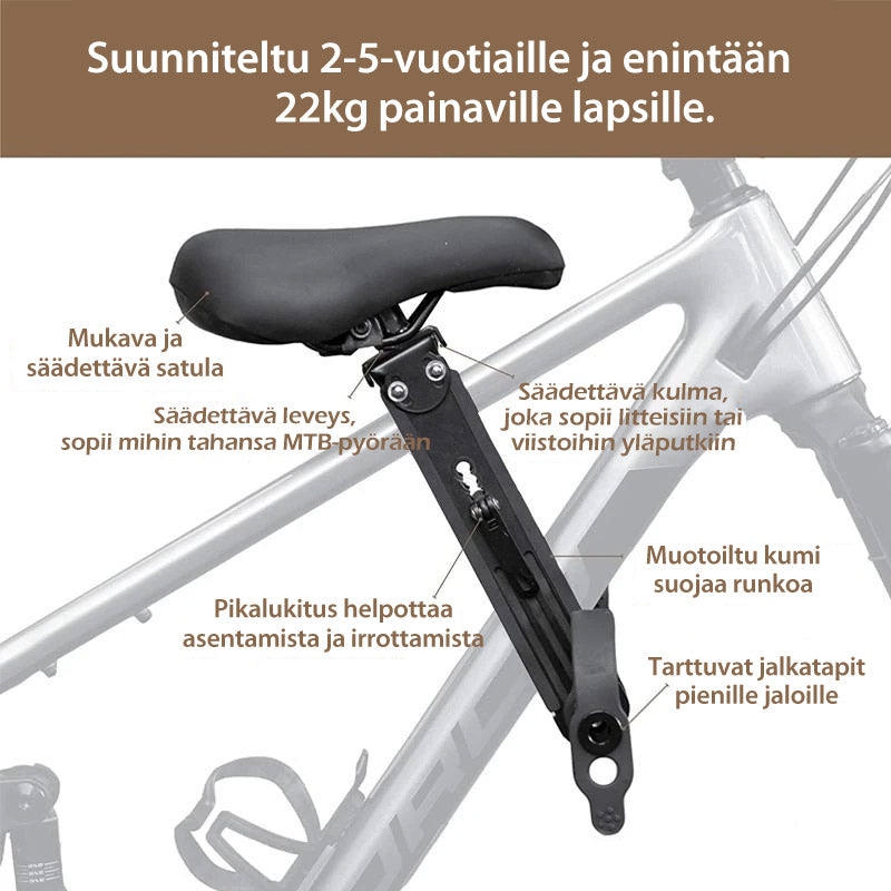 Sort børnecykelsæde med sikkerhedsbøjle, nem at montere, velegnet til børn over 2 år, lavet af robust aluminiumslegering.