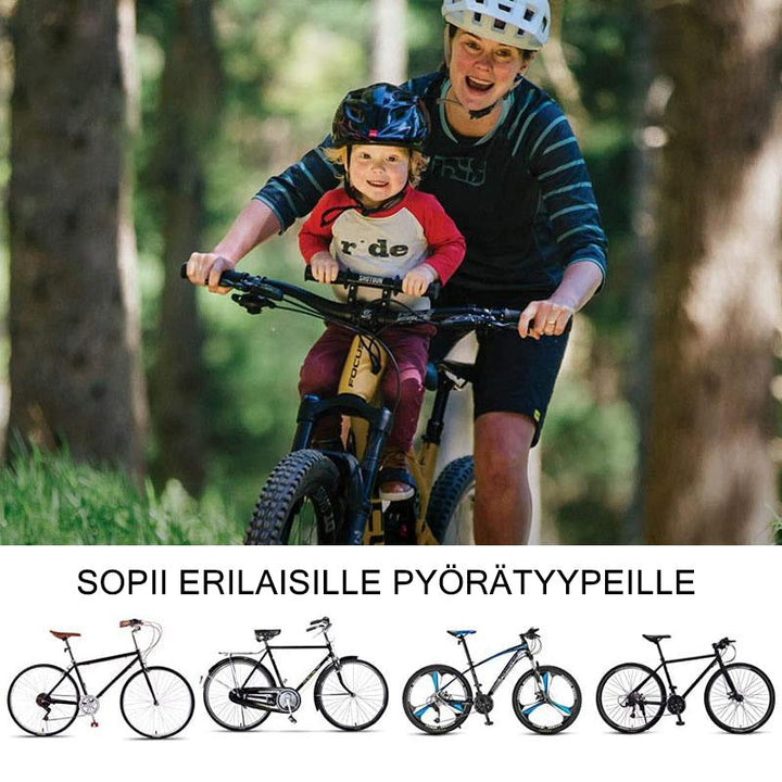 Sort børnecykelsæde med sikkerhedsbøjle, nem at montere, velegnet til børn over 2 år, lavet af robust aluminiumslegering.