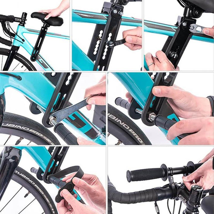 Sort børnecykelsæde med sikkerhedsbøjle, nem at montere, velegnet til børn over 2 år, lavet af robust aluminiumslegering.