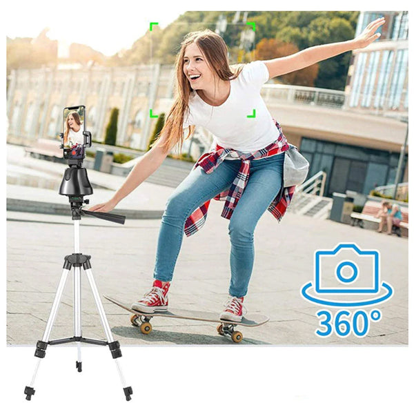 Musta älykäs 360° pyörivä jalusta älypuhelimille, kasvojentunnistus, kevyt ja kestävä ABS-metallirakenne.