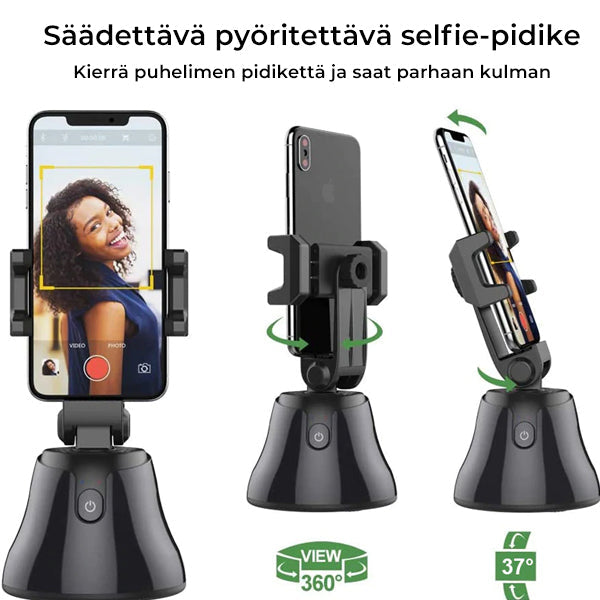 Musta älykäs 360° pyörivä jalusta älypuhelimille, kasvojentunnistus, kevyt ja kestävä ABS-metallirakenne.